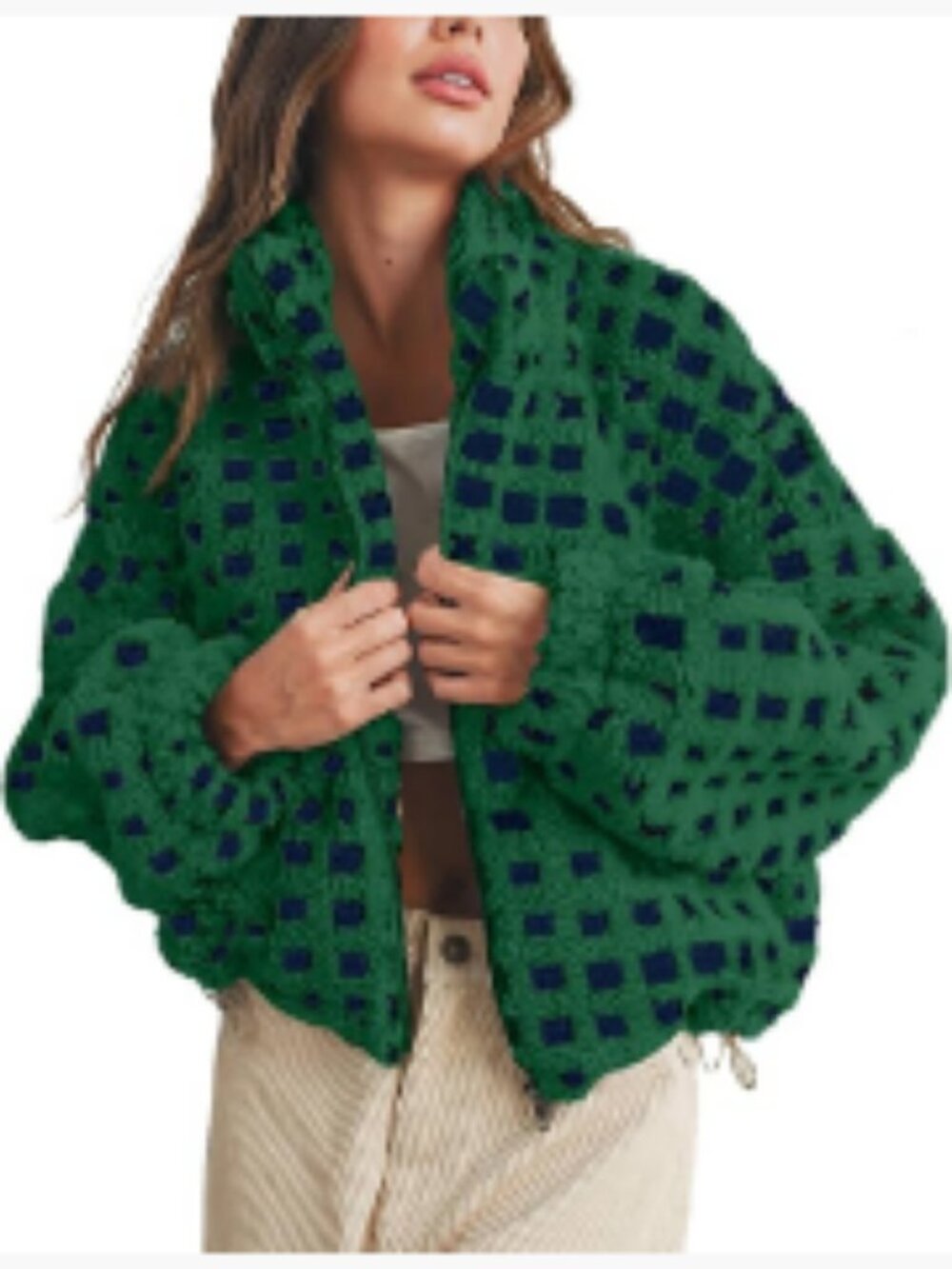 Long Sleeve Cropped Sherpa Fleece Plaid Jacket Casual Outerwear